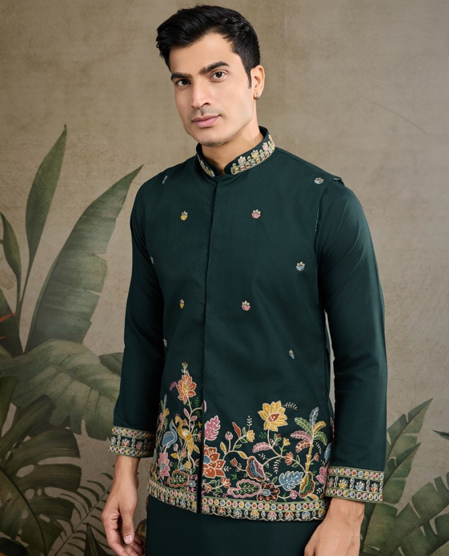 61235-green - Stylish Green Men's Kurta Koti Set – Trendy & Elegant